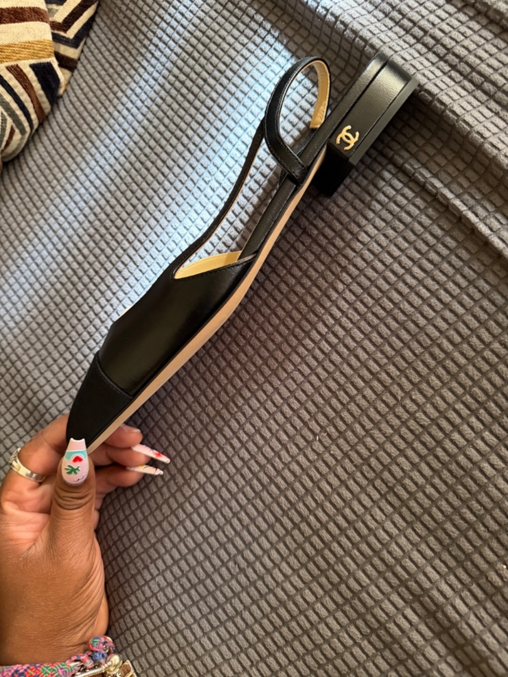 Goatskin Grosgrain Cap Toe CC Slingback Sandals 39 Black - Picture 2 of 3